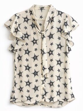 Zara Basic Star Print Blouse Cream Tie Neck Flutter Sleeve Top XS